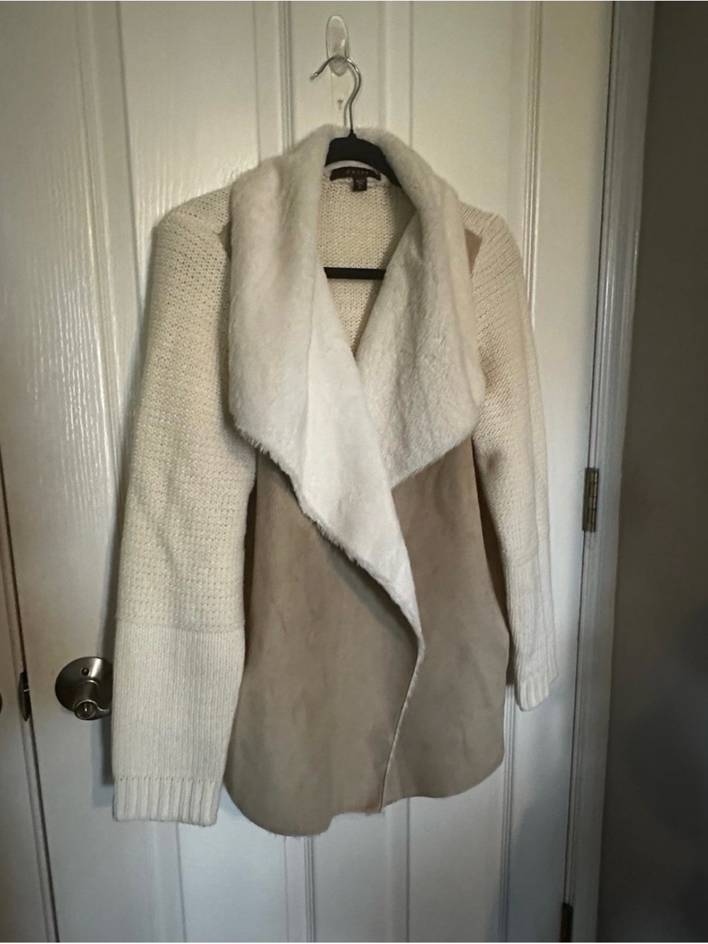 Fever Faux Suede & Fur Trim Open Front Knit Cardigan Jacket Cream Beige Large